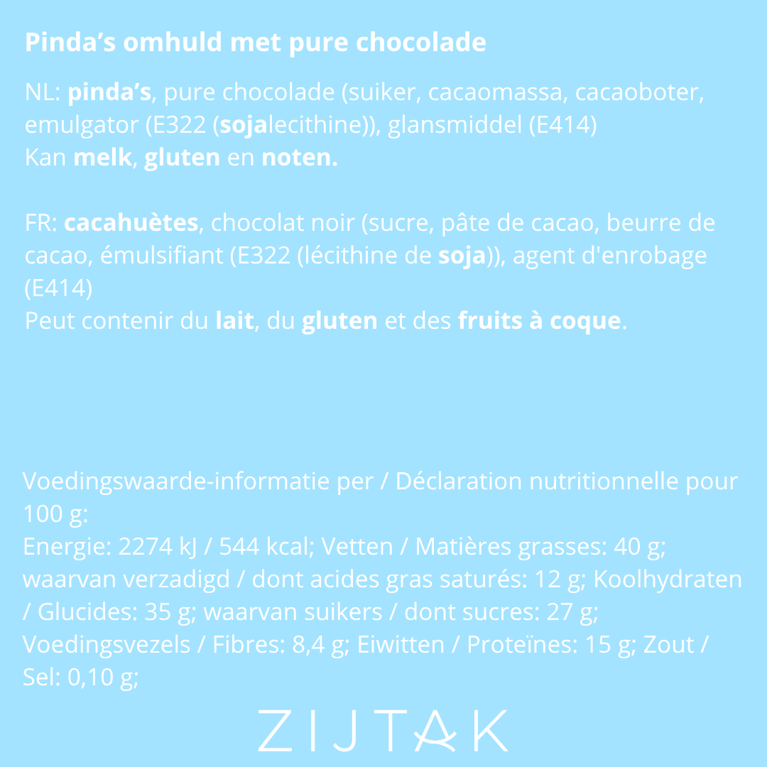 Nutritionele waarden en ingrediëntlijst van gechocolateerde pinda's met pure Belgische chocolade van zijtak.