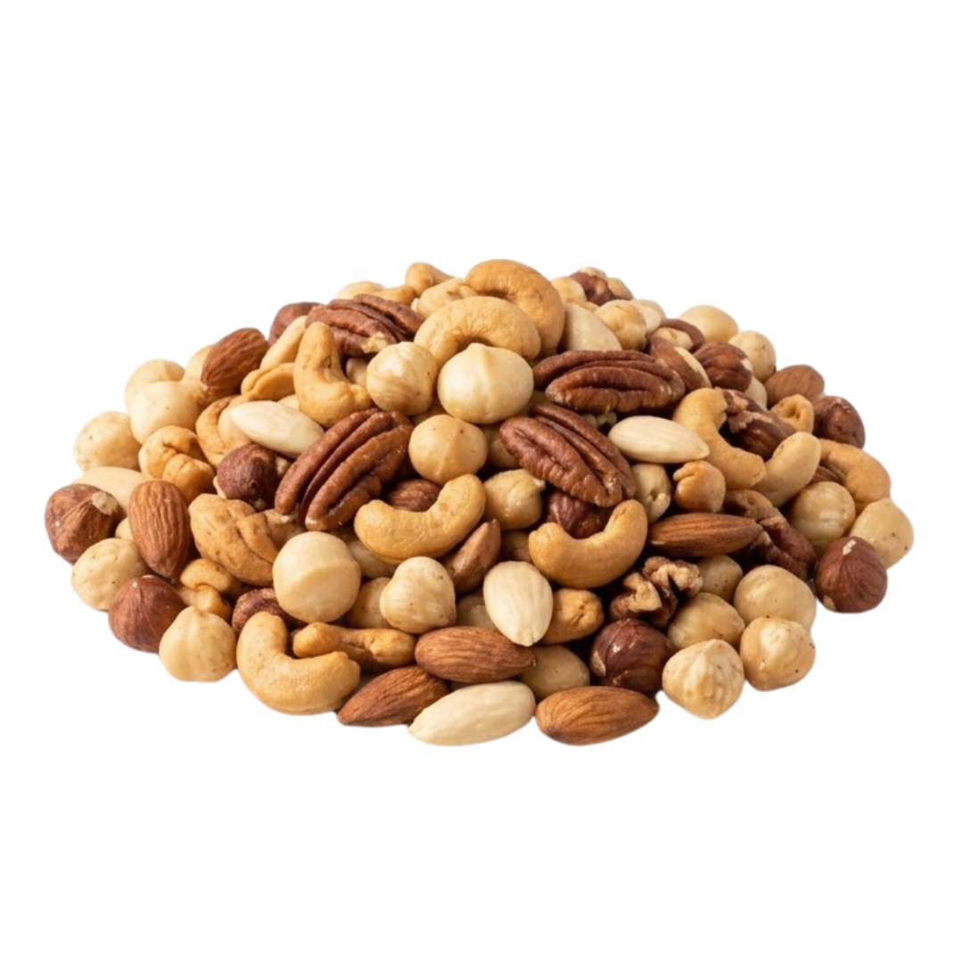 Geroosterde notenmix met macadamianoten, cashewnoten, pecannoten, amandelen en hazelnoten