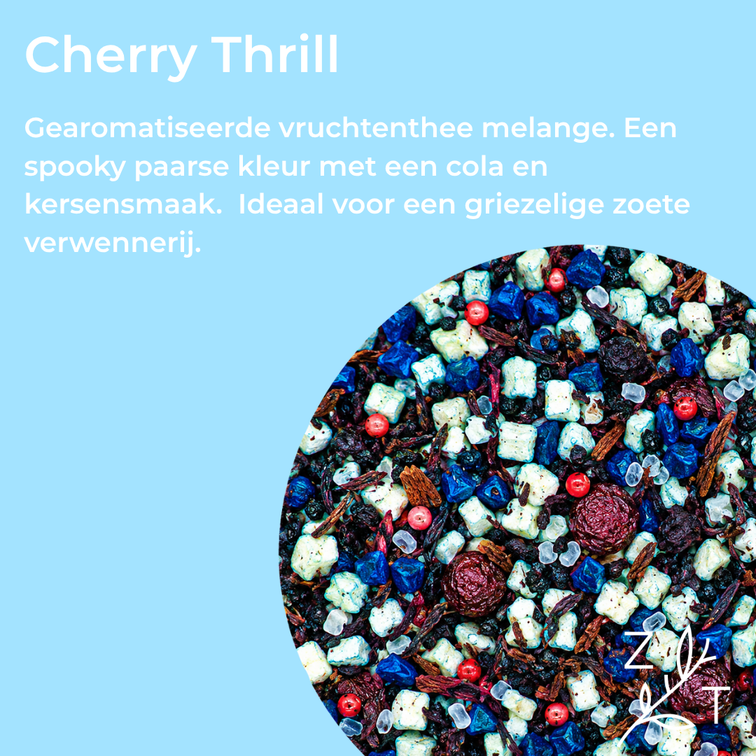 Infographic van donkere Cherry Thrill Halloween infusie met gedroogde kersen en kandij van ZijTak
