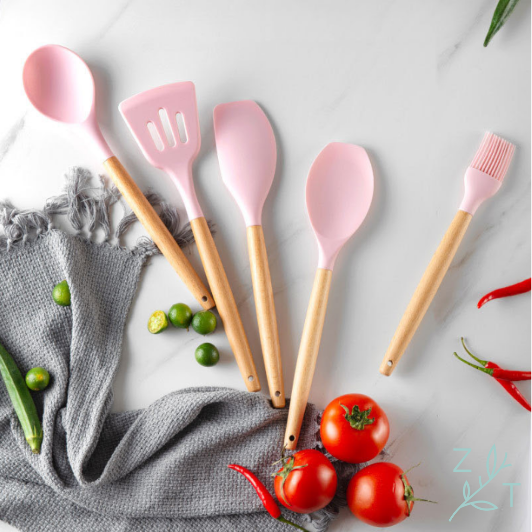 Keukenset roze pannenlikker garde opscheplepel tang schuimspaan spatel spaghettilepel opscheplepel soeplepel insmeerborstel