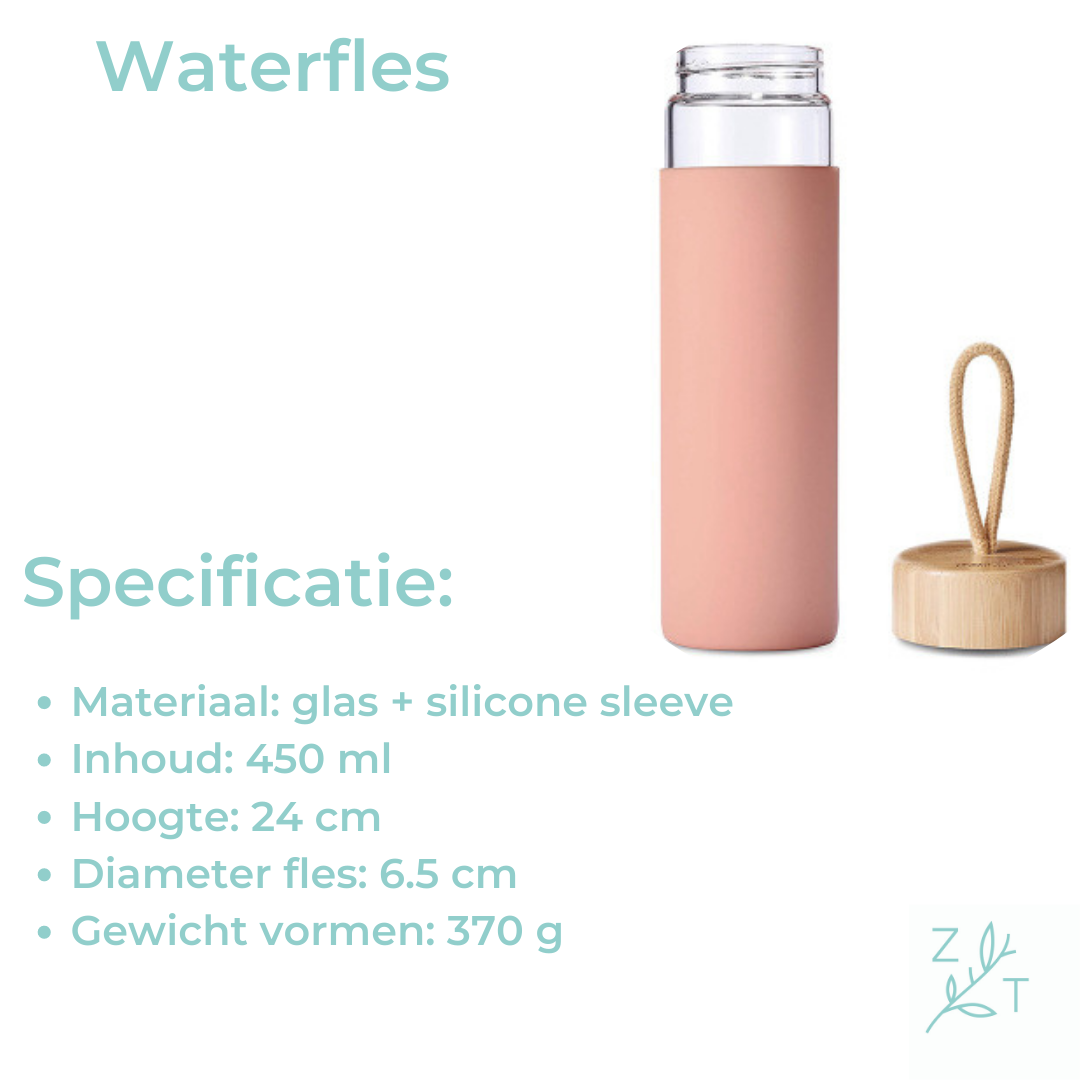 Waterfles drinkfles sleeve 450 ml glas bamboe dop roze