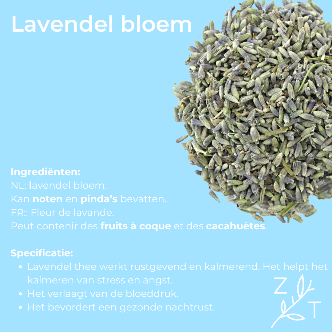 Infographic van gedroogde lavendelbloemen met ingrediënten en gezondheidsvoordelen van ZijTak