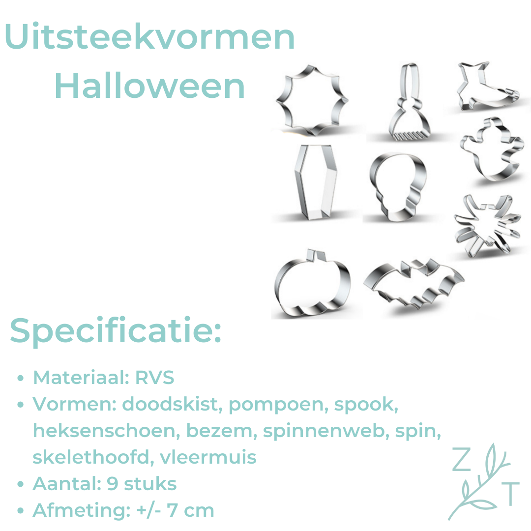 Halloween uitsteekvorm cookie cutter koekjes bakken pompoen spinnenweb bezem heks spook spin vleermuis RVS