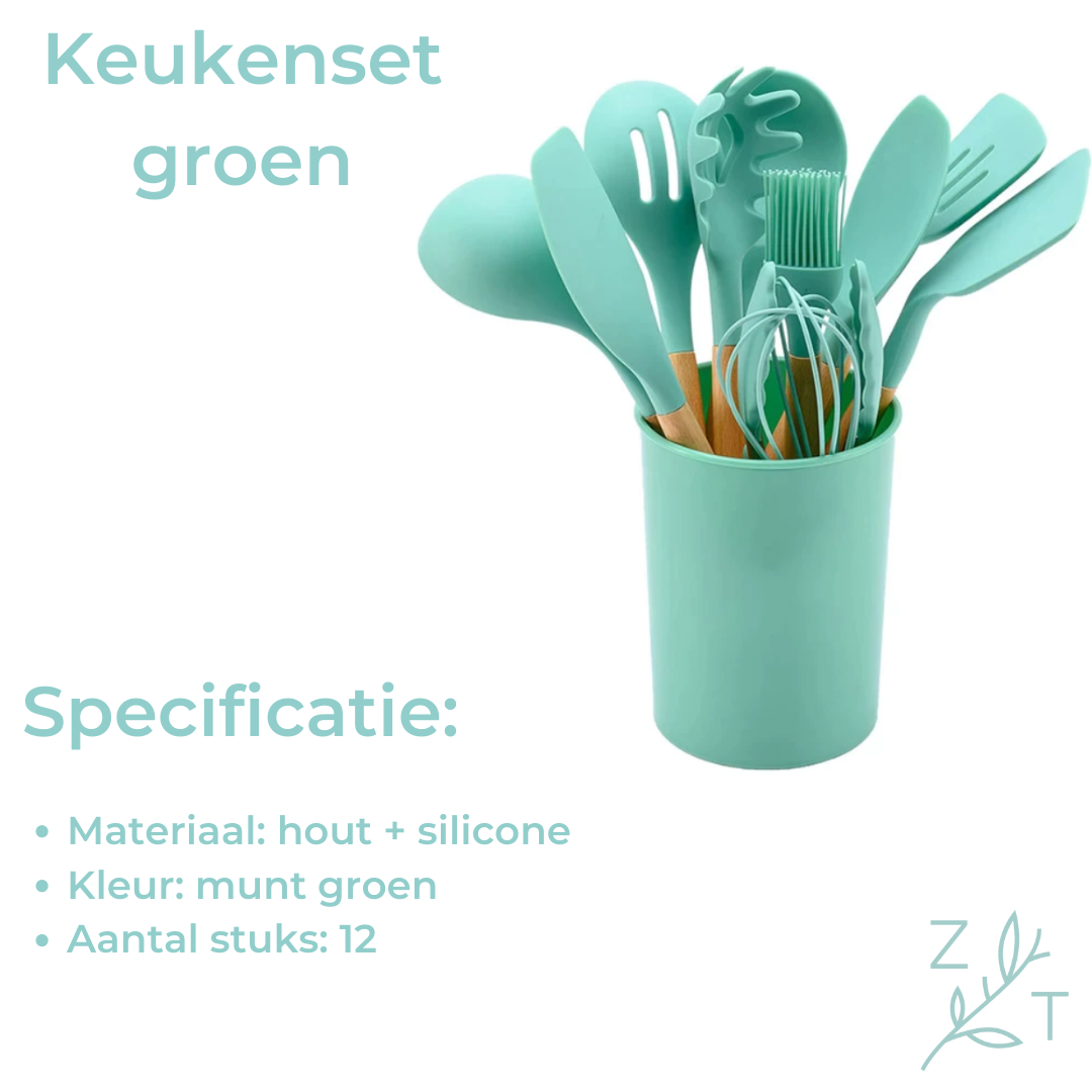 Keukenset groen pannenlikker garde opscheplepel tang schuimspaan spatel spaghettilepel opscheplepel soeplepel insmeerborstel 