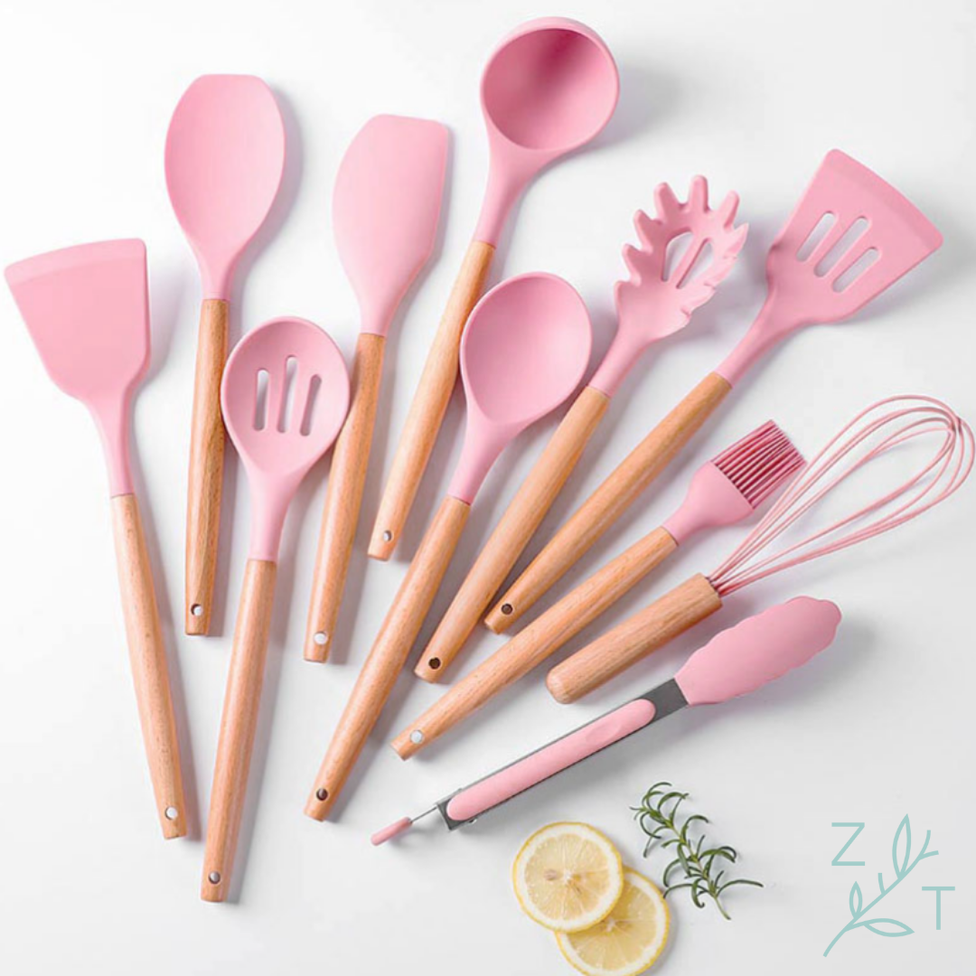 keukenset roze pannelikker garde opscheplepel tang schuimspaan spatel spaghettilepel schuimspaan