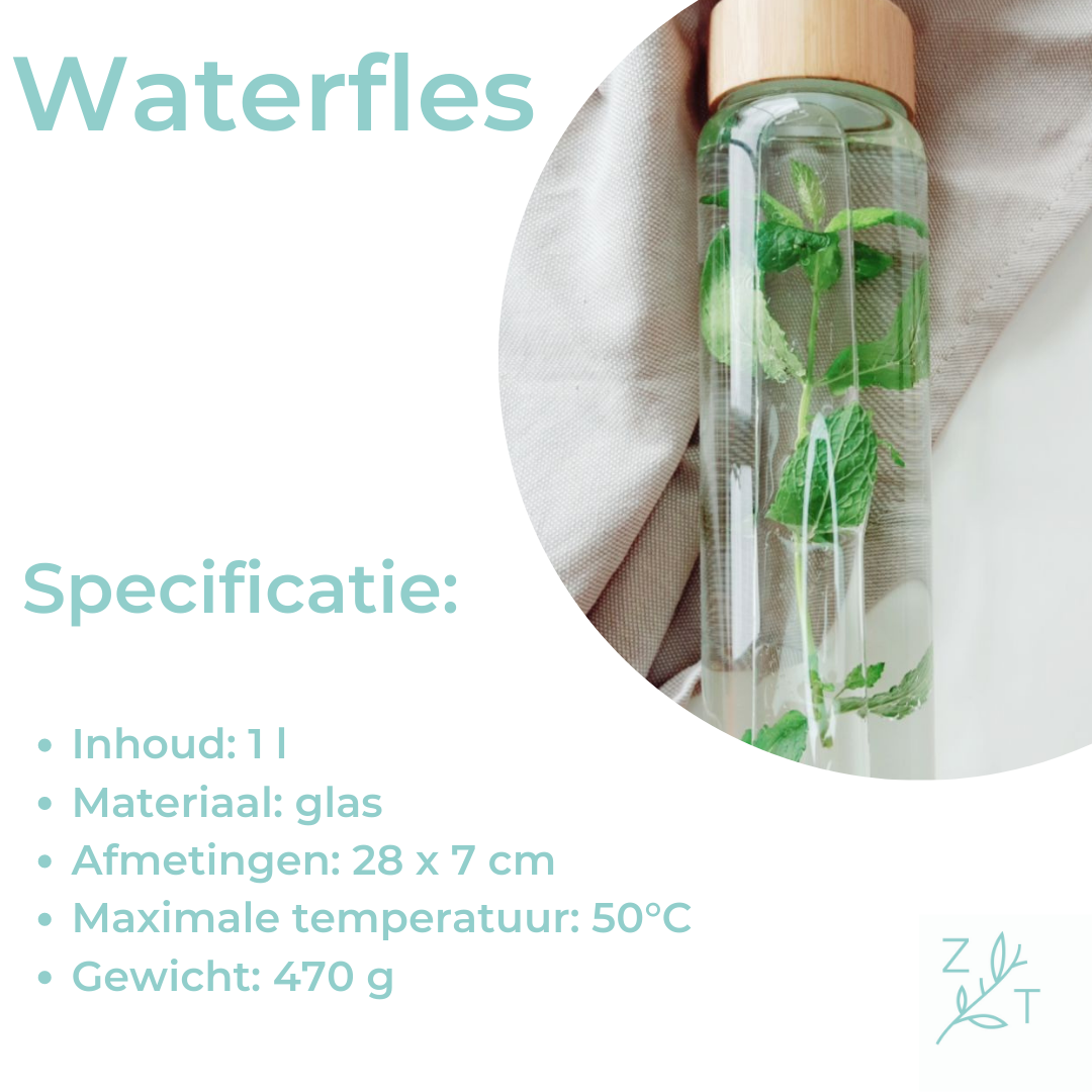 Waterfles drinkfles 1000 ml 1 liter glas bamboe dop zijtak