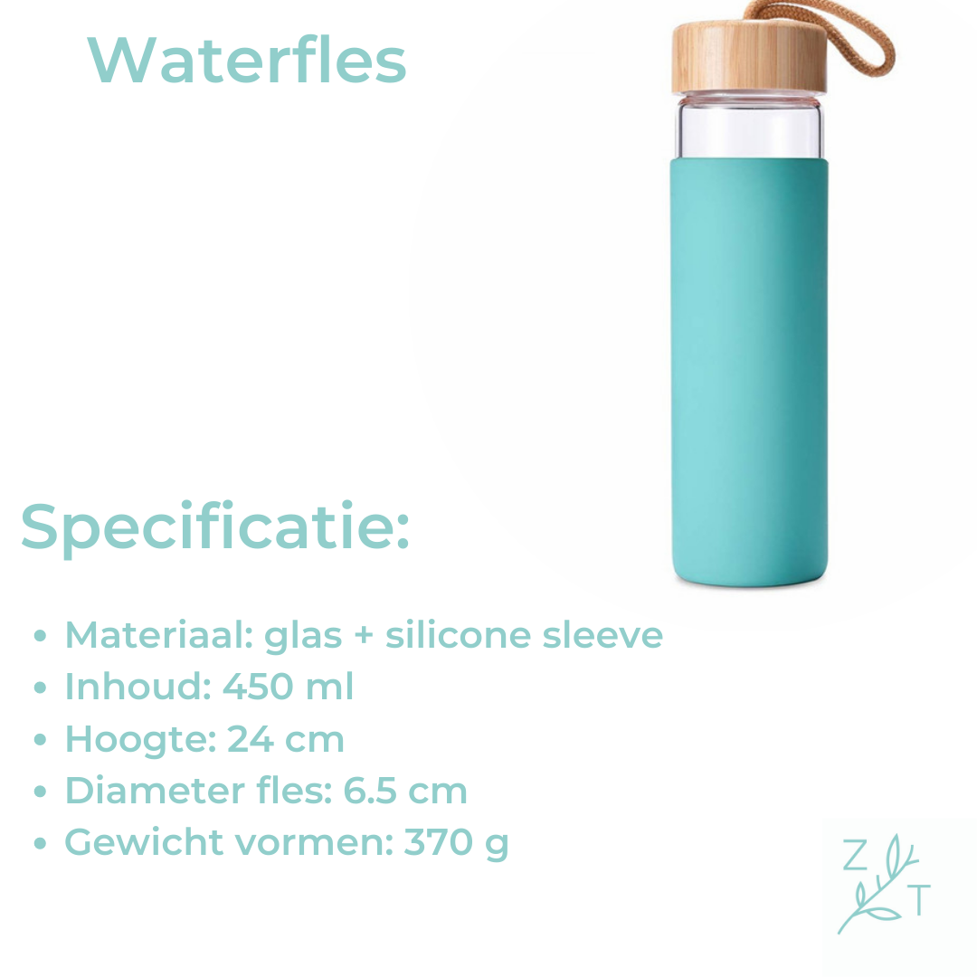 Waterfles drinkfles sleeve 450 ml blauw glas bamboe dop