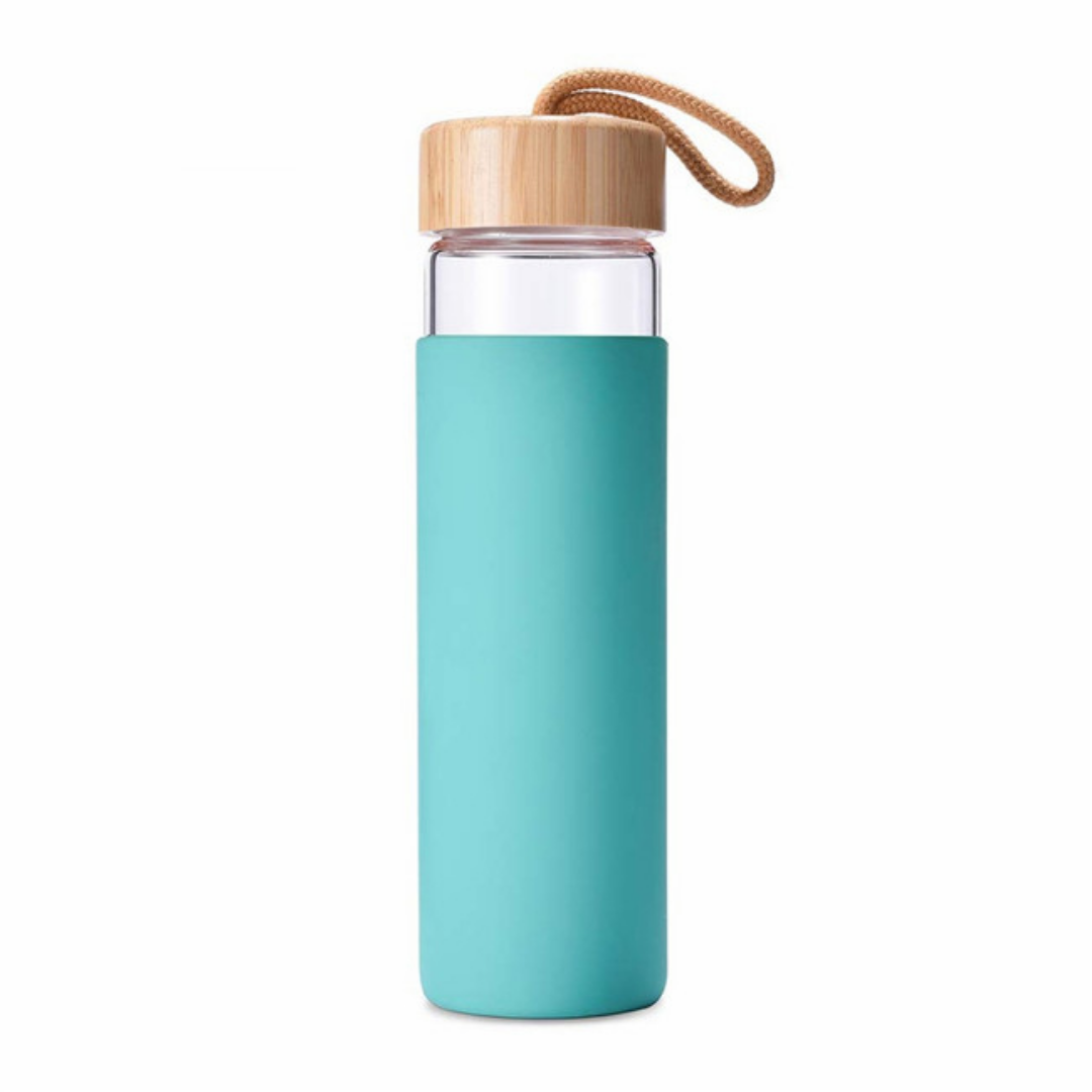 Waterfles drinkfles sleeve 450 ml blauw glas bamboe dop zijtak