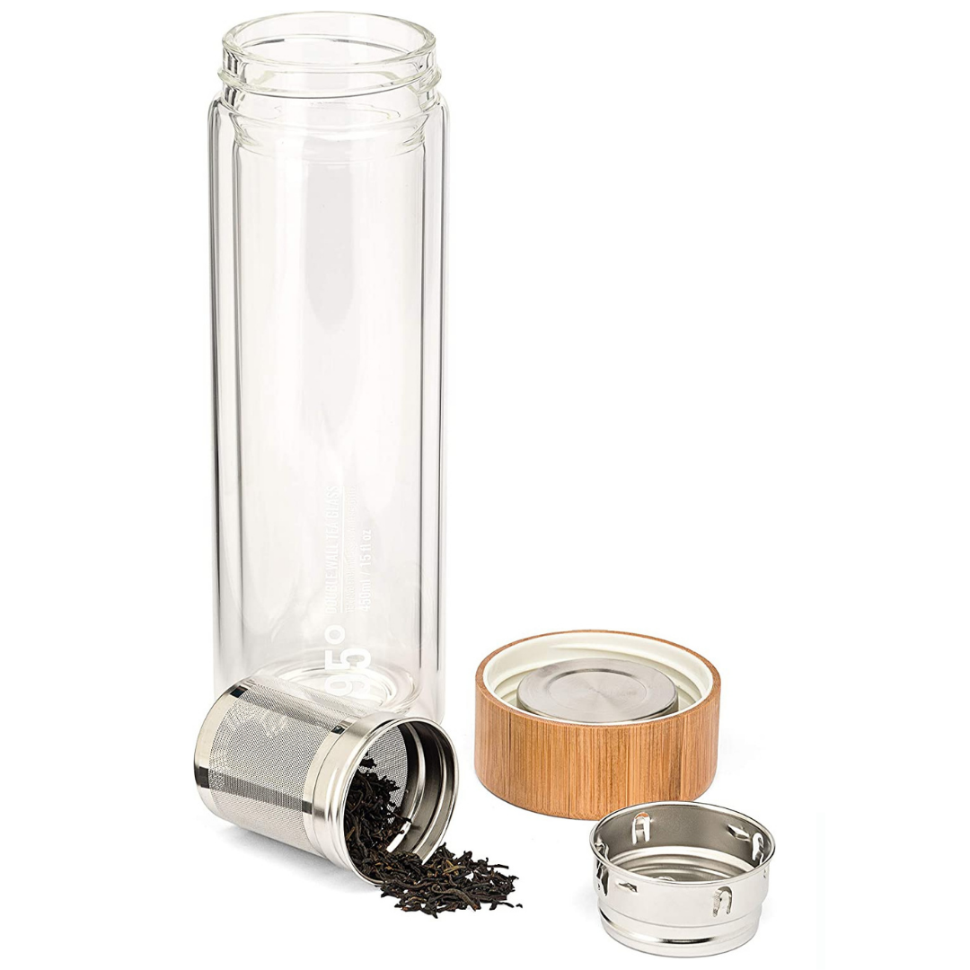 theefles met filter dubbelwandig glas  theefilter