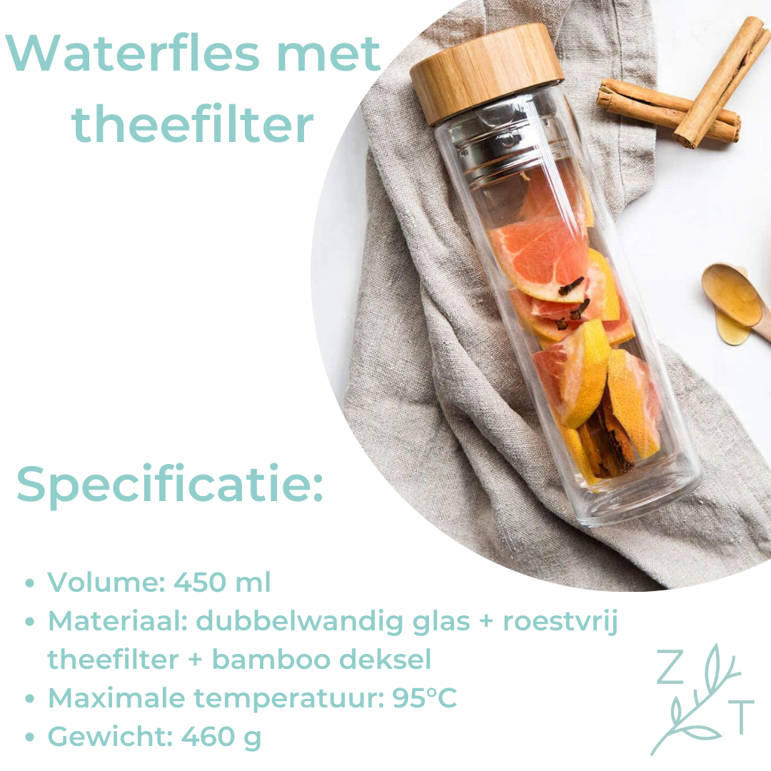 theefles met filter dubbelwandig glas  theefilter